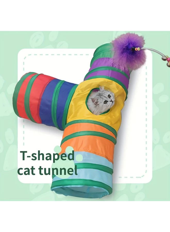 Polychrome Expandable T Shaped Cat Tunnel Playhouse With Ball Interactive Collapsible Design - Image 1